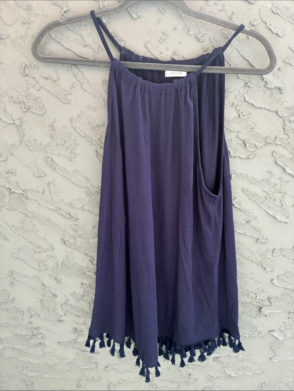 Nautical Navy Tassel-Hem Spaghetti  Strap with Pockets Tank Sz S